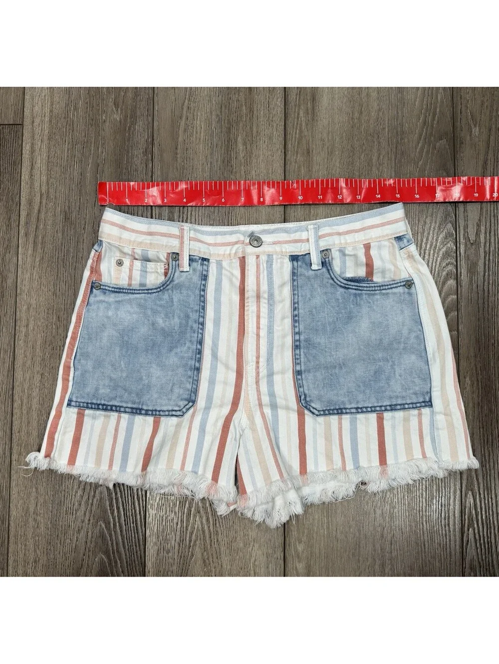 American Eagle Shorts Womens 10High Waist Striped Colorful Denim Raw Frayed Hem